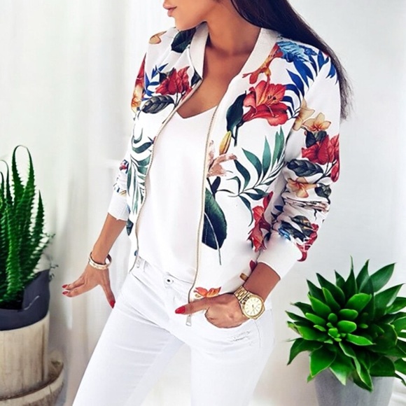 New Women's Tropical Plant Print Baseball Collar Jacket - Picture 2 of 16
